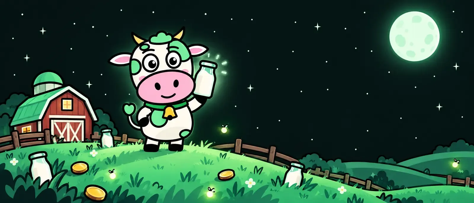 The Cash Cow mascot holding up a bottle of milk on a moonlit green hill beside a barn